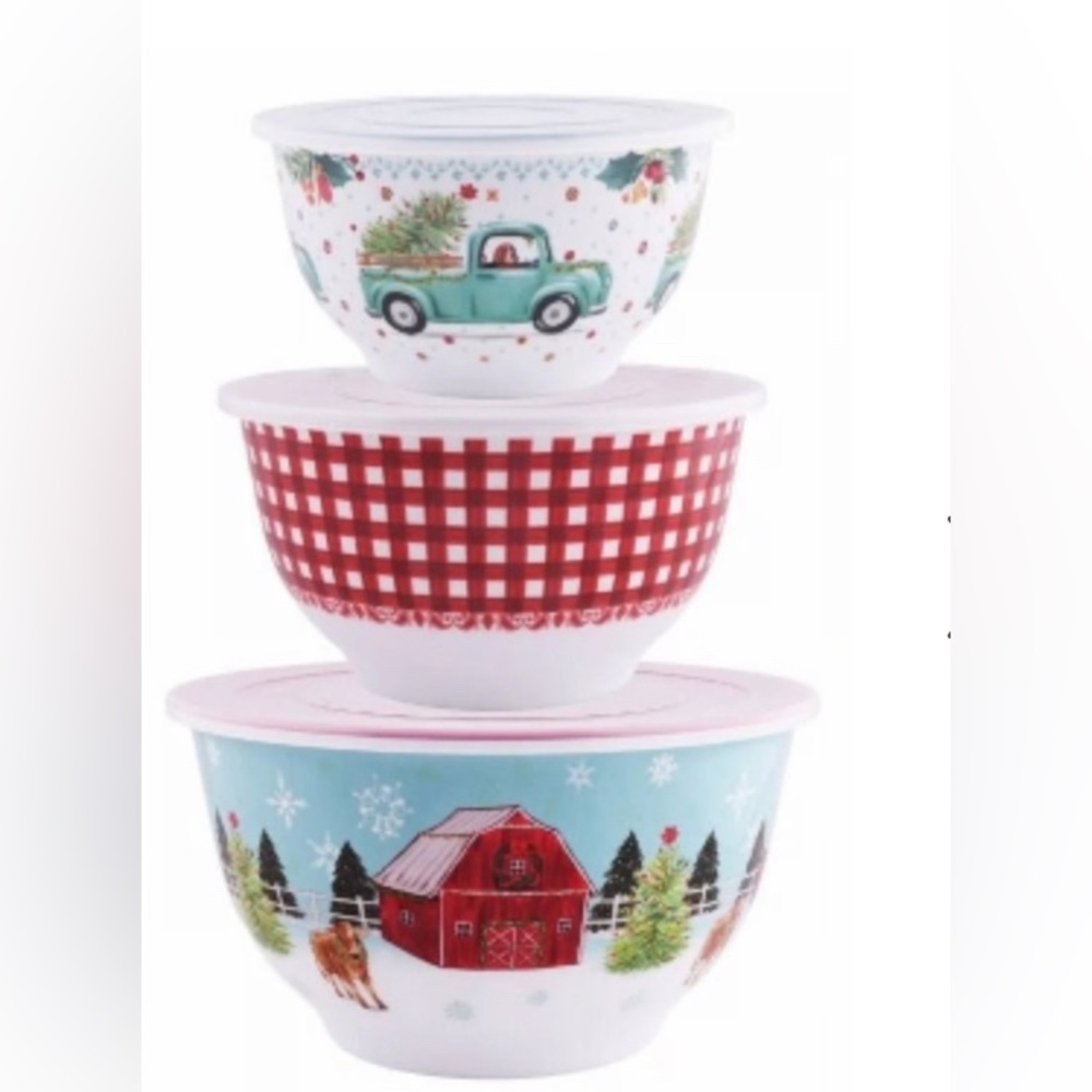 Pioneer woman Holiday barn melamine Mixing Bowls Set new